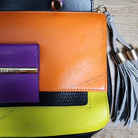 Braccialini Retro Color Block Italian Leather Top Handle Bag Crossbody - Picture 11 of 13